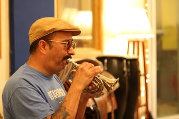 Lio Saenz of Latin Express recording one of his many instruments.
