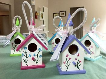 Allison's prayer houses! She painted these little birdhouses, and then tied on prayer request cards. You can simply use them as a pretty decoration, or you can write your prayer on a slip of paper and tuck it in the house.
