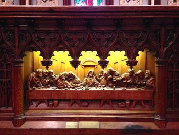 The hand-carved altar. If you look to the right, you'll see a burn mark left by the fire. In restoring the church, the artisans left a few burn marks to remind future generations of the fire and the loving process of rebuilding the church.

