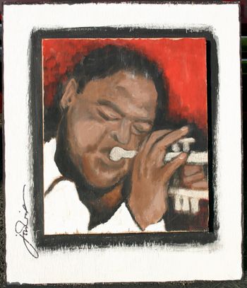 "Horn Player Against Red" / Acrylic on wood, mounted on wood / H 20 x W 17" / $ 350. + shipping

