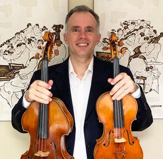 Scott with his Iizuka viola and violin and two paintings by William Sorrow