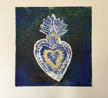 Lino Print 8“ x 8” hand painted background with gold leaf
