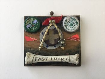 Fast Luck! 3..5’ x 3.5’ wooden mixed media folk art
