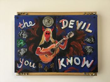 ‘The Devil You Know’ 2 panel painting with guitar picks & bottle cap decoration
