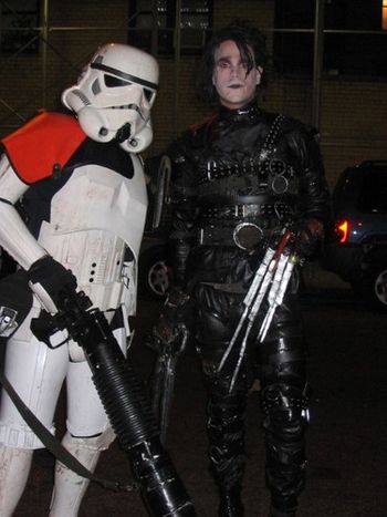 A trooper asks Ed Scissorhands if he's seen some droids.
