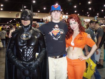Batman doesn't approve of his this fan's choice of shirt and hat.
