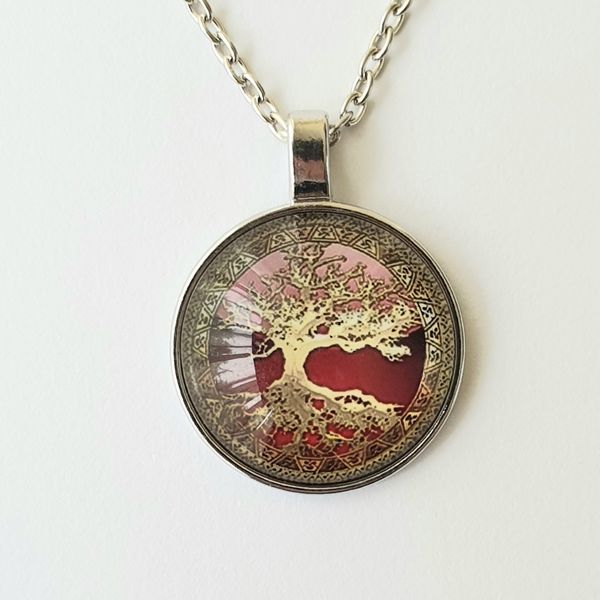 Glass Tree of Life Necklace - Red and Gold