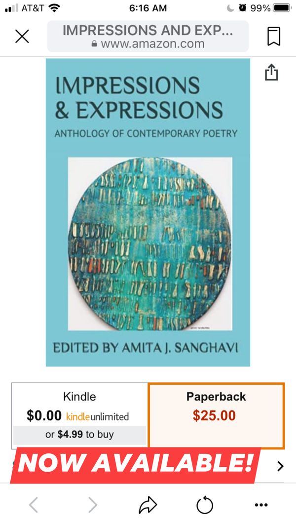 *NOW AVAILABLE*
Honored to be selected amongst 24 poets globally by Amita Sanghvi, Poetry Ambassador to the country of Oman and World Poetry Ambassador to Canada in this wonderful anthology. 

Grateful for your support and encouragement which has led to eight (8) poems written over a twenty year period included in the book. 

Orders via Amazon throughout USA, Canada, Mexico, Spain, Italy, United Kingdom, Australia, Japan, and Brazil, are now available. 

Since Amazon is based on algorithm your positive feedback and star rating is deeply appreciated. We welcome reviews from bloggers, media, and lovers of poetry, art, and publishing. Thank you very much for your support. Happy summer reading! 🤗📖

