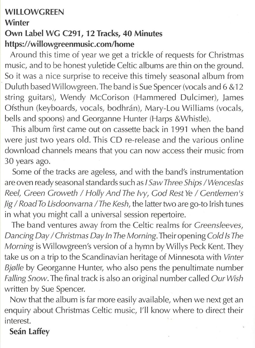 Review from November 2022 of Willowgreen - Winter album by Sean Liffey of Irish Music Magazine