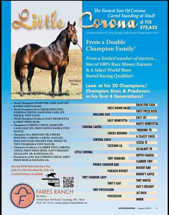 Deceased We are very excited o offer this great stallion for your consideration. Little Corona is the fastest son of Corona Cartel Standing at stud with an impressive SI of 115. We pleased to announce that we will have a special introductory breeding fee of $1,250 until February 1, 2016 at which time his Fee will increase to the standard fee of $1,750. Special considerations will be made for proven mares and multiple mares. We welcome cow bred mares as we expect to raise some Pro Caliber roping horses by this stallion as well as some phenomenal Barrel horses. We welcome all past and future customers in all disciplines as Little Corona has the best personality and passes his gentle nature on to his offspring.
