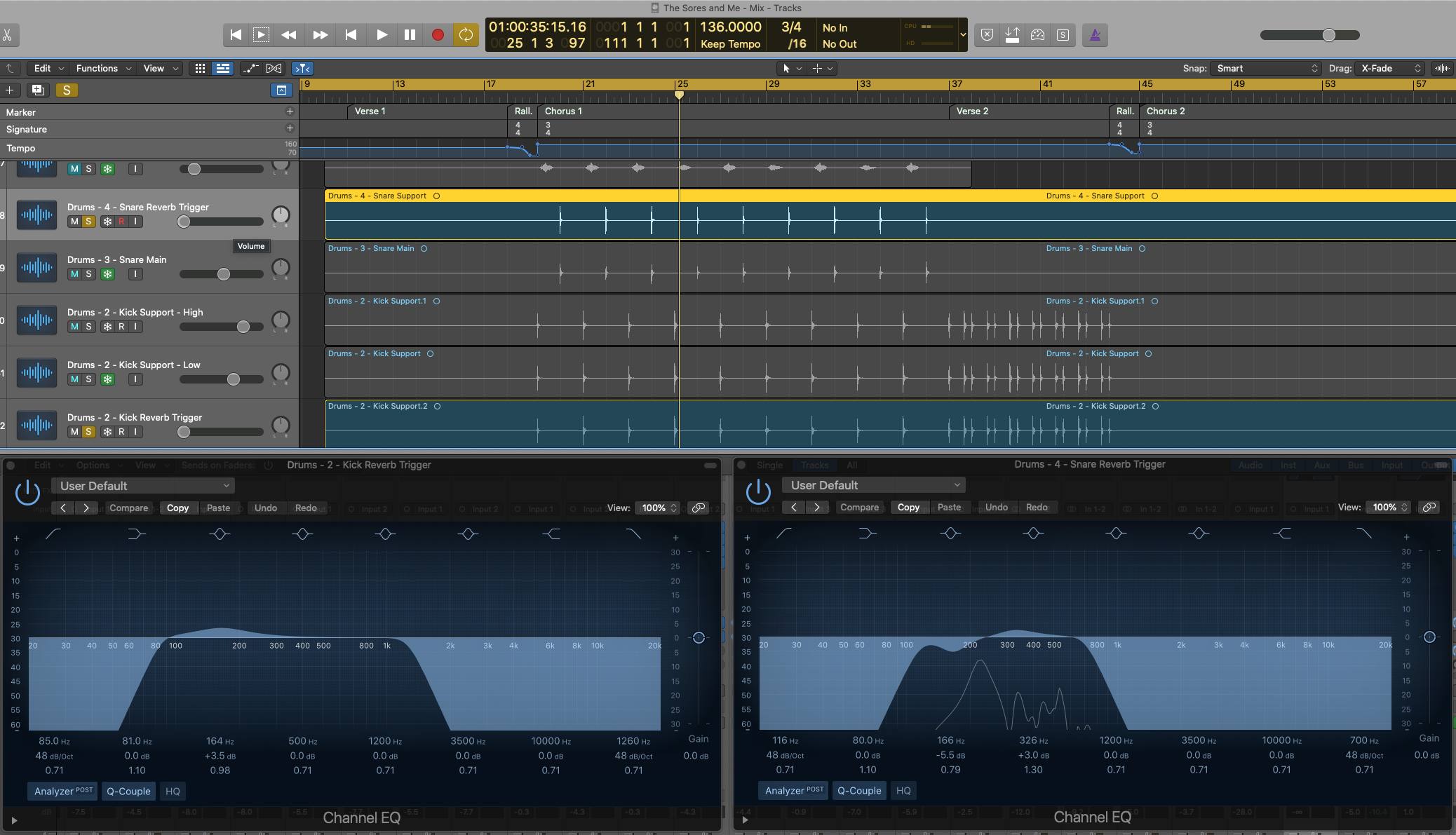 Screenshot of kick and snare reverb trigger EQ settings