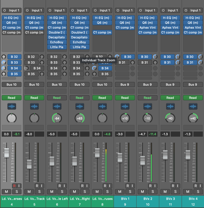 Screenshot of EQ and Compression plugins applied to vocal tracks in Logic