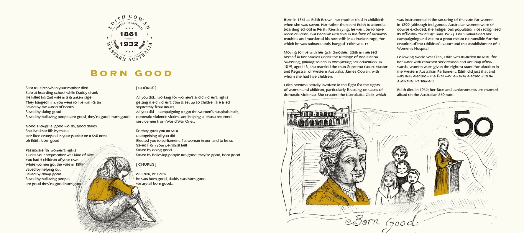 Born Good, about Edith Cowan - exerpt from the CD Book/PDF. Lyrics on the left, the story of Edith's life on the right, fully illustrated by artist Sharon McLeod.