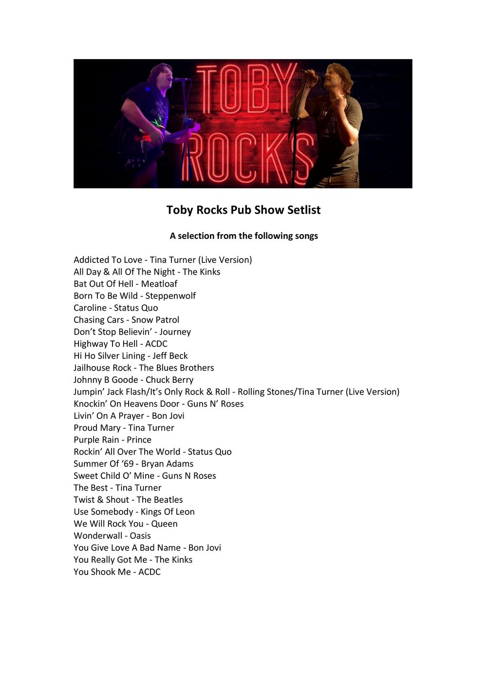 Toby Rocks Pub Show Setlist