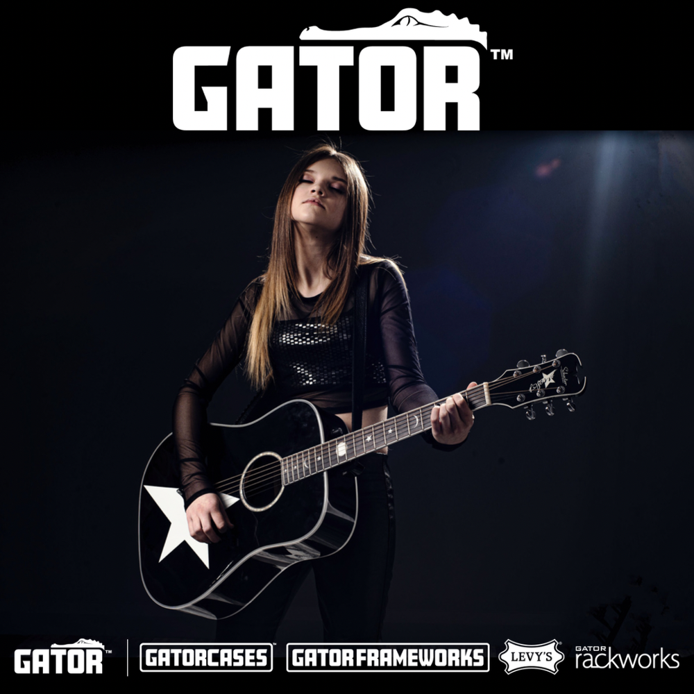 Image of Sierra Levesque underneath the main GATOR Brand Logo and on top of every logo within the branch of GATOR brands including Gator Cases, Gator Frameworks, Levy's and Gator Rackworks