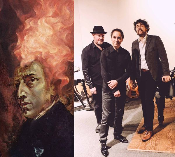 Chopin portrait next to Matt Herskowitz Trio