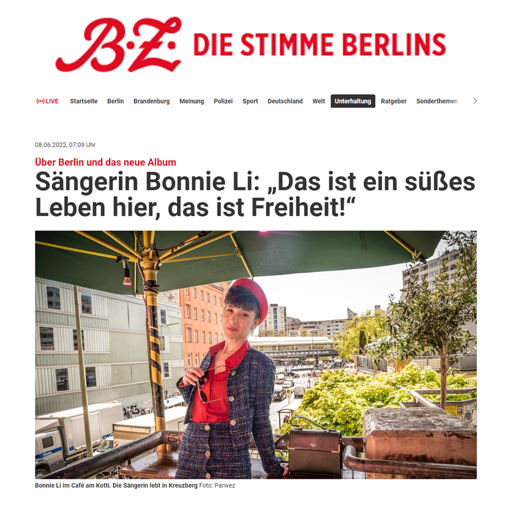 Bonnie Li, B.Z, B.Z Berlin, tabloid, newspaper, Le Bleu du Rouge, Singer Songwriter, trip hop, art pop