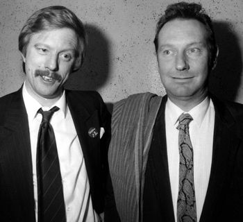 On tour with Dr Feelgood: Howard and Lee Brilleaux talk tailoring backstage.
