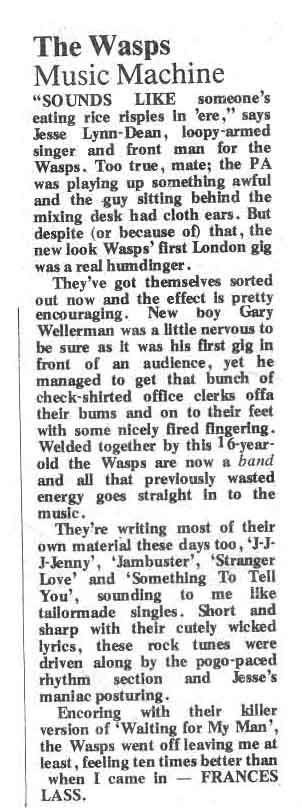The Wasps review, Frances Lass, Sounds, 3rd Sept '77
