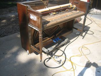 1947 Hardman spinet which was in sad shape, needed complete refinish and action work. good candidate for a custom finish.
