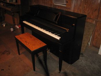 1979 Vose & Sons ( Aeolian) refinished in Satin Black, Natural seat on Bench, Reworked music desk.
