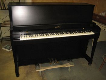 1980 Baldwin 243 After Refurbishment, New lower door made from template, New correct casters, Satin Urethane Black, buffed keys, Bench to match with natural lid.
