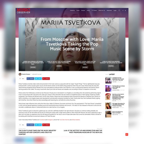 Thank you Music Observer News for the fantastic article about ArtistMax artist Mariia Tsvetkova and her new single “Stupid Things”!✨