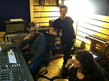 Bunker Studios, Brooklyn NY during Explosives For Her Majesty Sessions 2013, with Tony Baptist (standing-drummer) and John Davis (engineer)
