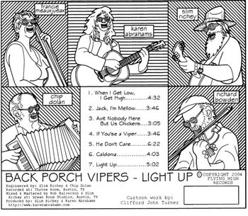 Back Porch Vipers "Light Up " CD . Artwork by Cliff Turner Includes band members,Richard Bowden and Chip Dolan
