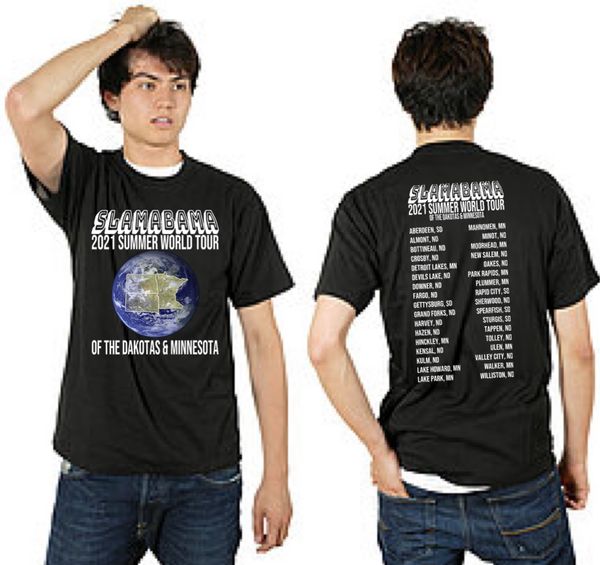*LIMITED EDITION AVAILABLE THROUGH 2021*
 2-Sided Print! Commemorate Slamabama’s return to summer shows with the official 2021 Summer World Tour T-Shirt! The front features a retro styled graphic & a world made up of only The Dakotas & Minnesota! The back lists all the ND, SD & MN towns the band performed in throughout the summer of ‘21. 