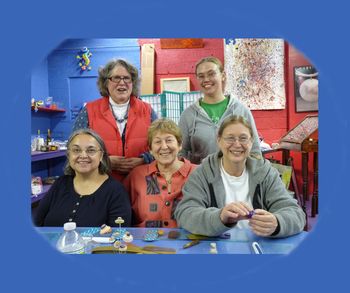 Ginny, Kathryn, Juanita, Jo, and Rosemary making silver jewelry - successful bidders for this Silent Auction activity!
