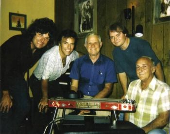 At recording studio for my Heartbreak Town album. Pictured, (l. to r.) Argyle Bell, myself, the lengendary Kayton Roberts (Hank Snow's Rainbow Ranch Boys), Eugene Moles and my dad.
