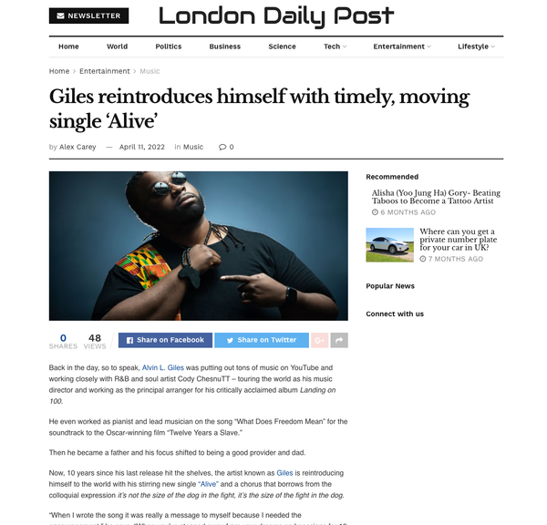 "Placing Giles’ music in a specific genre is a difficult task because he excels in multiple styles. It’s hip hop, it’s indie rock – it’s even been compared to Seal. He studied jazz piano in college at Florida A&M and the fact he was chosen to play piano on a major motion picture soundtrack, curated by John Legend, speaks to his talent."

-Alex Carey for London Daily