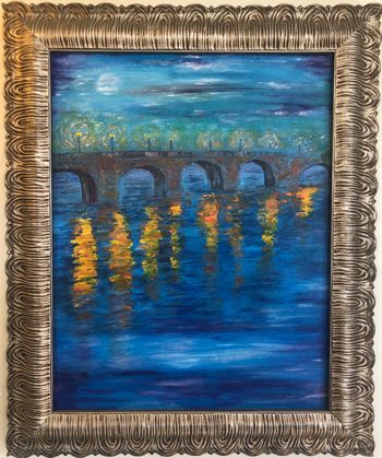 "Bridge at Night" $225, acrylic & gauche on canvas in gold frame, 11" x 14"
