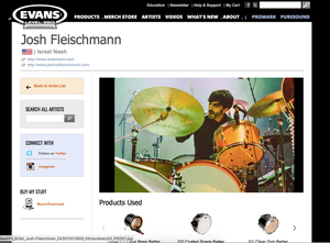 Josh is proud to endorse Evans Drumheads, Promark Sticks, and Puresound Percussion.  