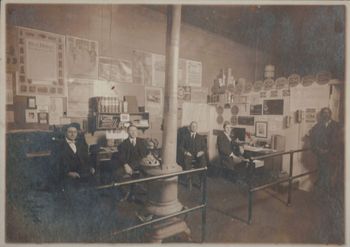 This picture was taken around 1910 when the shop and office were located at 161 E. Court Street.  From L to R: Walter J. Hughes, Gene Kelm- steamfitter, Bill Hughes-cousin of Walter J. Hughes, 4th party unknown, and porter Bob.
