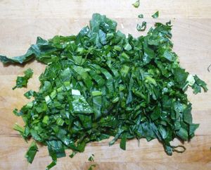 Fermenting cabbage and other vegetables - chopped cauliflower leaves