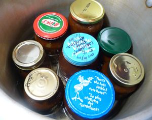 Filled odd shaped jars in pressure canner with reused jar lids