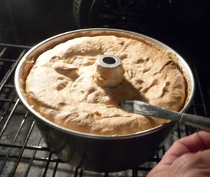Checking for doneness of angel food cake
