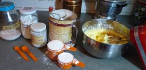 Adding the dry ingredients to the Homemade Prize yolk cookies we are baking from scratch