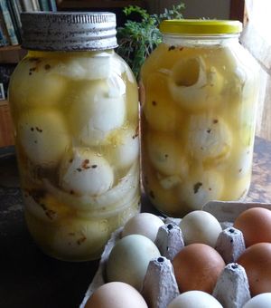 Photo of pickled eggs and cracked eggs
