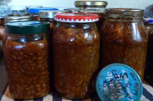 Sealed Vegan beans in quart size odd shaped jars