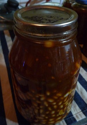 Vegan beans ready for canner reusing glass jar