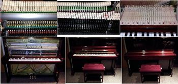Brand new Kawai! Pictures 1 & 2 of action showing parts not affecting tone made with ABS which is lighter & doesn't use trees. Pic 3 showing weights on white keys to balance them with black. Bottom row shows full piano in stages of closing it up.
