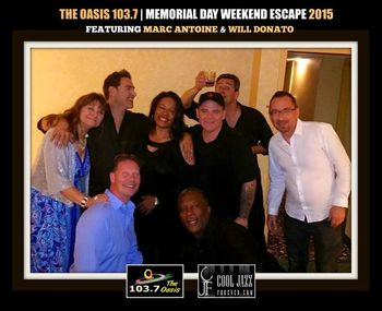 103.7 The Oasis Radio’s Oasis Live 2015 "Memorial Day Escape” concert. Tracey Whitney with L2R: 103.7 the Oasis DJ Katy Cole, smooth jazz sax man Will Donato, Tracey, drummer Dave Hooper, Latin jazz guitarist Marc Antoine (in back), keyboard player Brian Simpson, and kneeling 103.7 the Oasis DJ Jeff Borkstrom, and Cool Jazz Forever concert promoter Rod Kyle.
