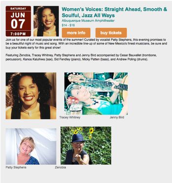 Tracey Whitney, Zenobia Conkerite, Patty Stephens & Jenny Bird - New Mexico Jazz Workshop Women's Voices Singing concert - Albuquerque Museum Amphitheater with Sid Fendley/piano, Micky Patten/bass, Cesar Bauvallet/trombone, Kanoa Kaluhiwa/sax, Andy Poling/drums. 6/7/14
