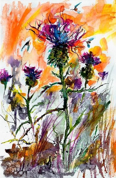 Thistles wildflowers Watercolors and Ink by Ginette Callaway