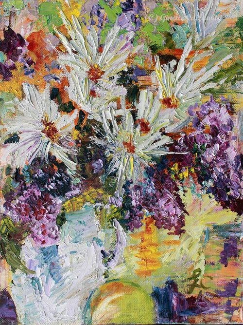 Chrysanthemums and Lilacs Still Life Impressionist Oil Painting