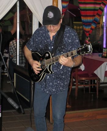 OUR OWN "FAST EDDIE" RIPPING OUT A LEAD WHILE SPORTING THE OFFICIAL NIGHT TRAIN CAP, AT RUBEN'S, PEEKSKILL, NY - 8/30/13.
