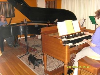Tracey and her Mother, Eloise Phillips recording their "Just Playing" Piano/Organ Duet  CD (and Ziggy)
